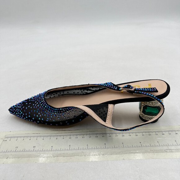 FSJ Dark Purple Pointed Toe Slingback Wedding Chunky Low Heel Rhinestone Pumps - Picture 2 of 8